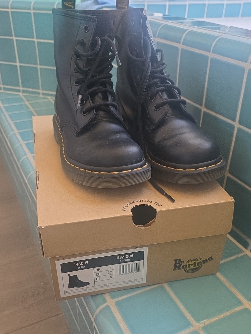 Dr. Martens Black Leather Lace-Up Boots with Yellow Stitching
